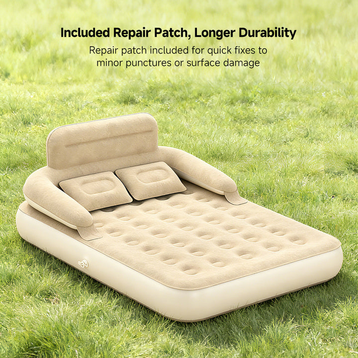 Travel-friendly inflatable bed with a supportive backrest, an essential for comfortable outdoor sleep.