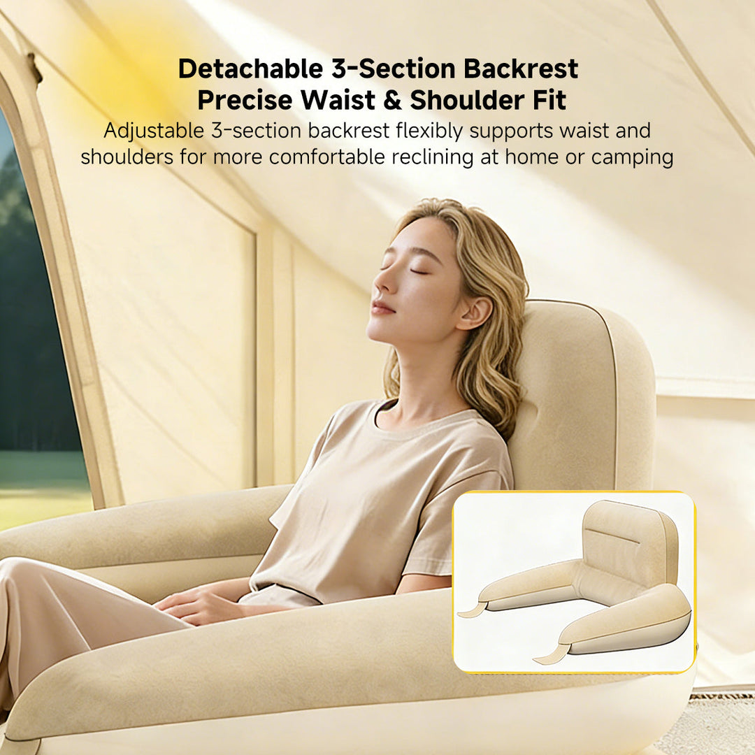 Portable air mattress with integrated backrest, ideal for outdoor adventures and relaxing at home.