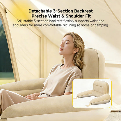 Portable air mattress with integrated backrest, ideal for outdoor adventures and relaxing at home.