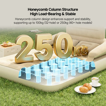 Comfortable flocked air mattress with backrest, designed for camping, travel, and extra guest sleeping.