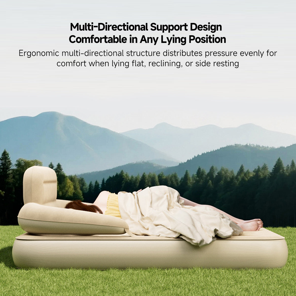 Durable inflatable bed with headrest for camping, offering plush comfort and easy portability.
