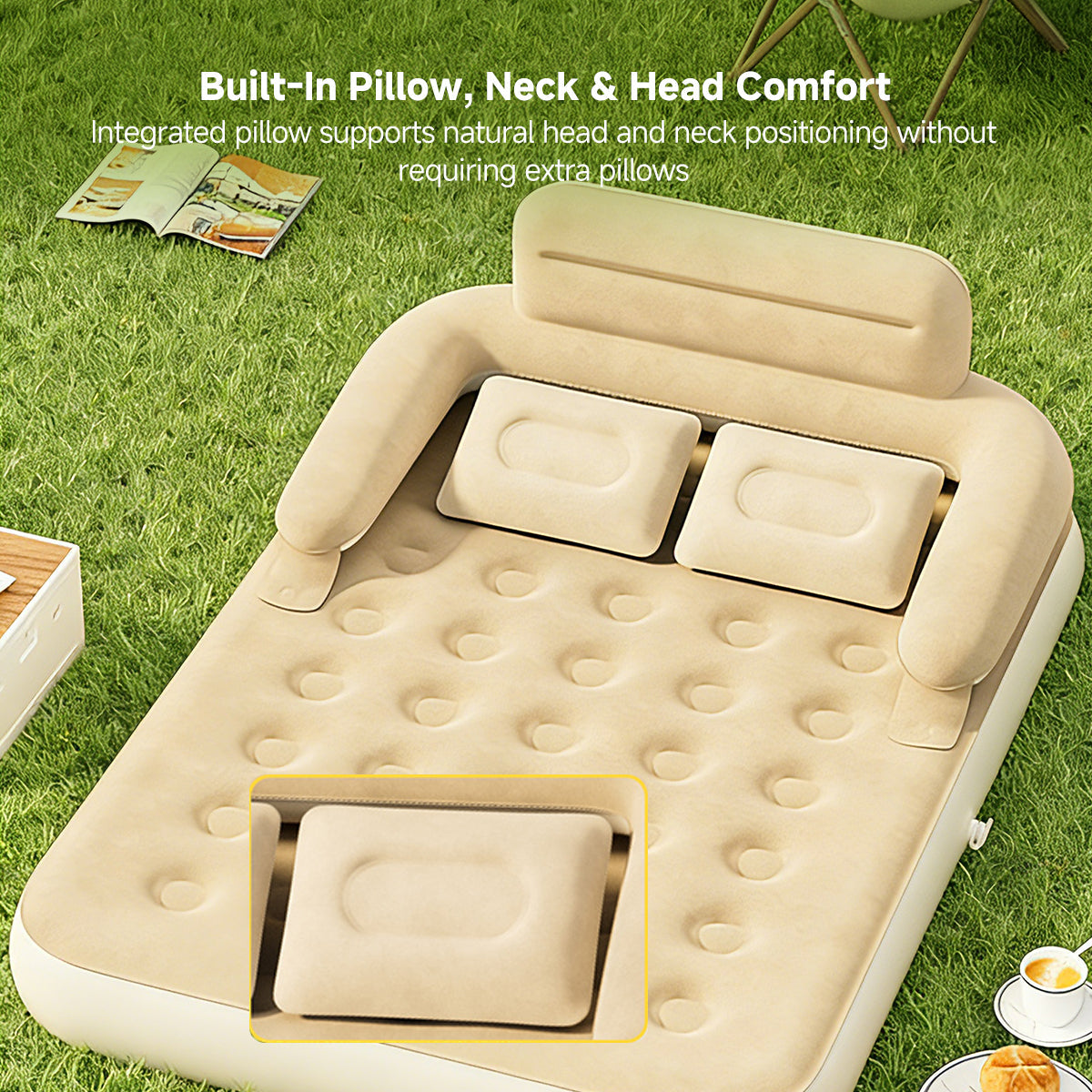 Versatile portable bed with backrest, suitable for both rugged outdoor camping and indoor use.
