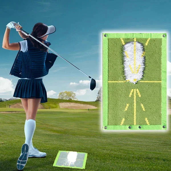 Portable golf hitting mat with swing analyzer for indoor & outdoor golf practice & improvement.