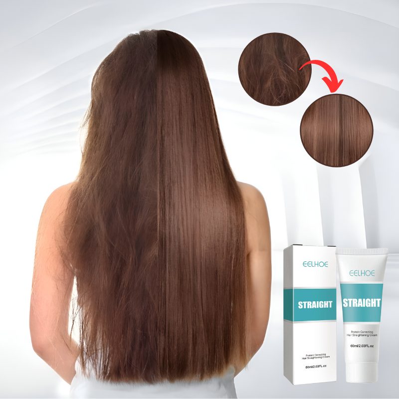 Keratin hair treatment cream transforming frizzy hair into smooth, sleek, and healthy-looking straight locks.