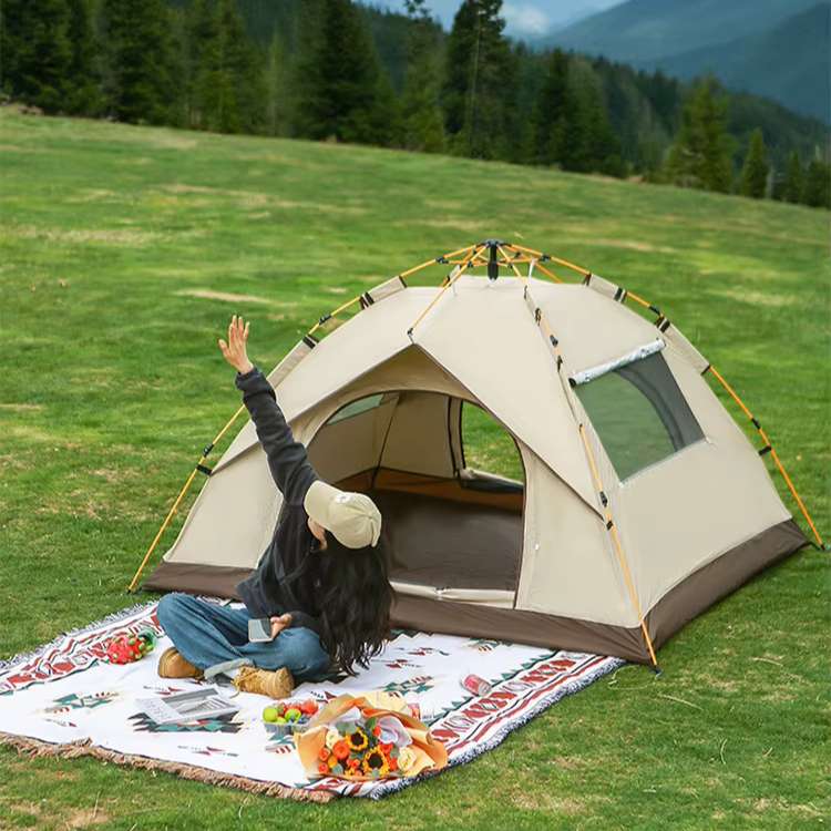 Instant pop-up camping tent in a vibrant blue, set up in a lush forest clearing for outdoor adventures.