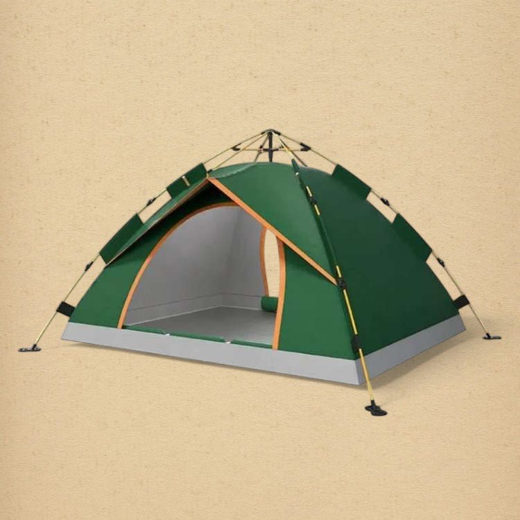 View of an instant pop-up camping tent illuminated from within at dusk, perfect for hiking and camping.