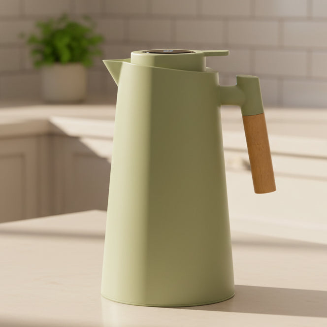 Insulated carafe with digital temperature display and stylish wood handle for hot/cold beverages.