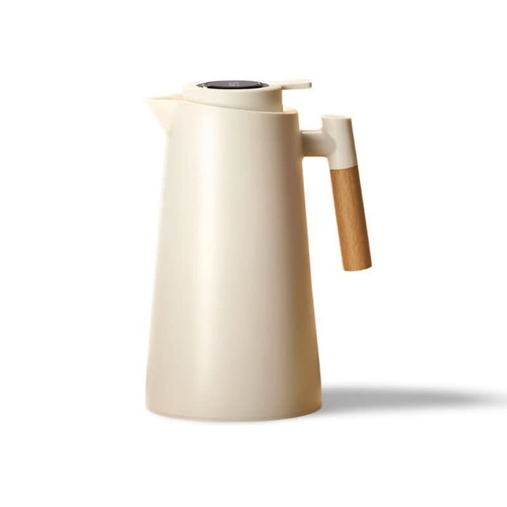 Premium leakproof insulated carafe for all your beverage needs, featuring a wood handle.