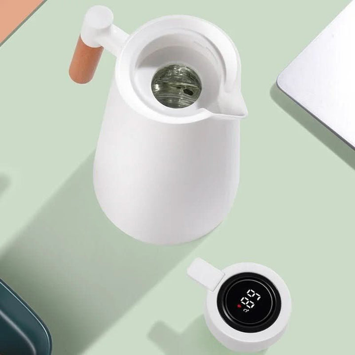 Elegant insulated beverage holder featuring a digital temp readout and a natural wood handle.