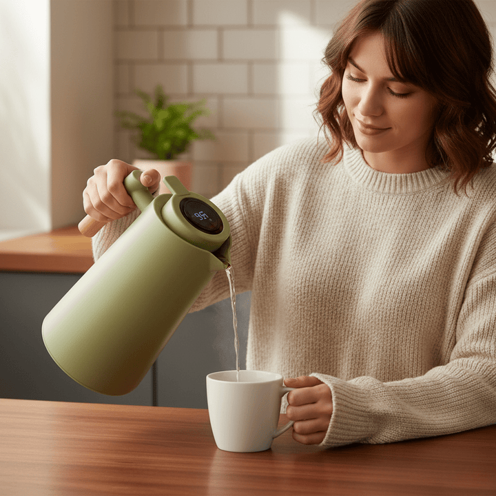 Kitchenware essential: Stainless steel insulated carafe with digital temperature display.
