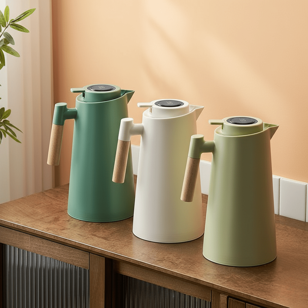 Thermos flask with smart digital temperature display and comfortable wooden handle.