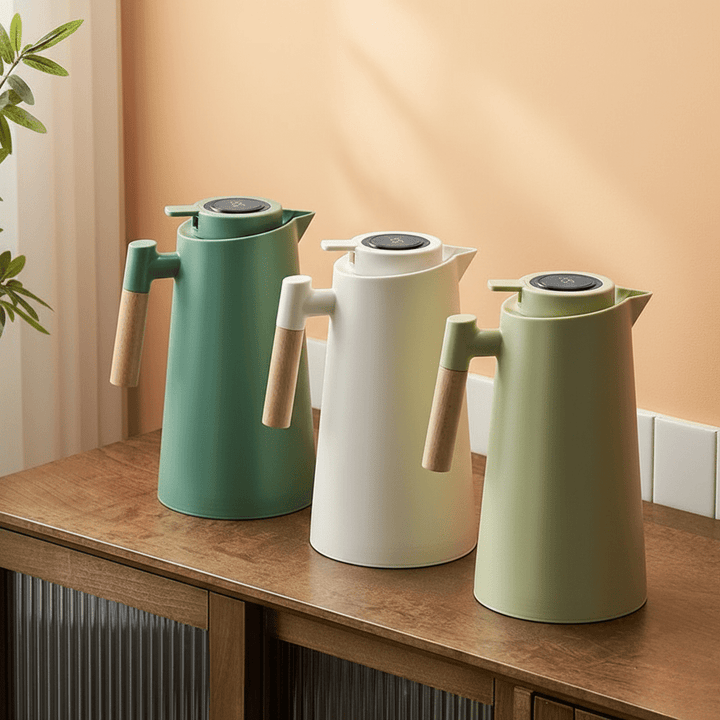 Thermos flask with smart digital temperature display and comfortable wooden handle.