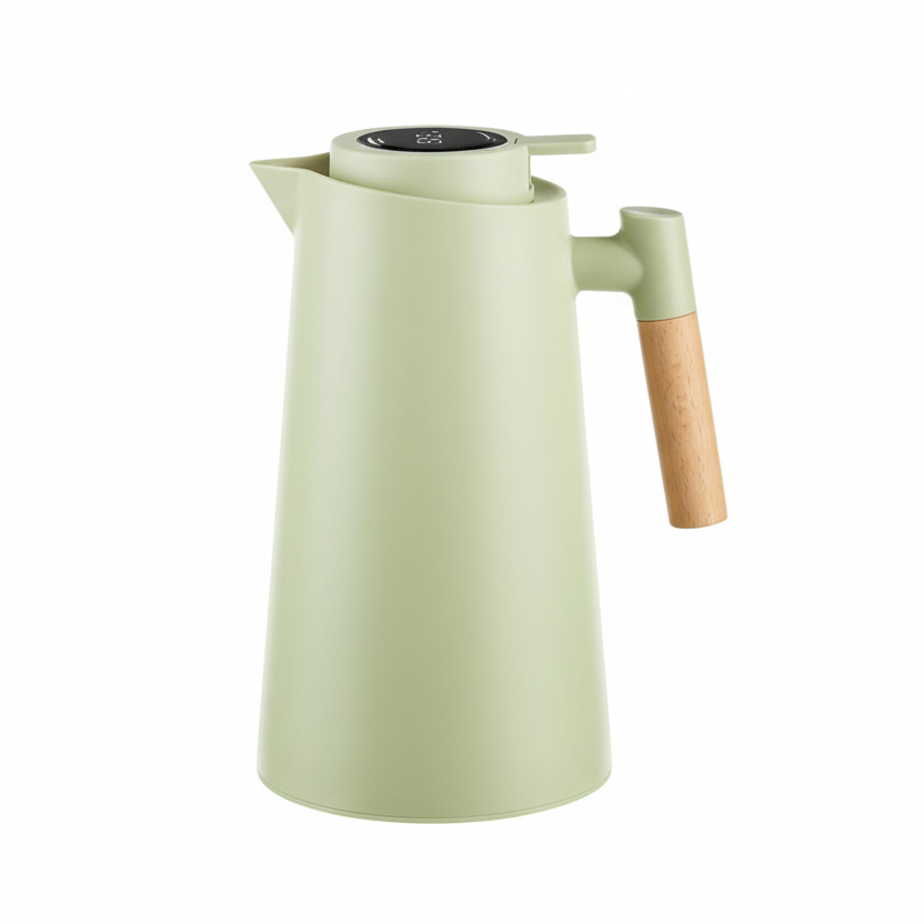 Modern design stainless steel thermos with an integrated digital temperature display.