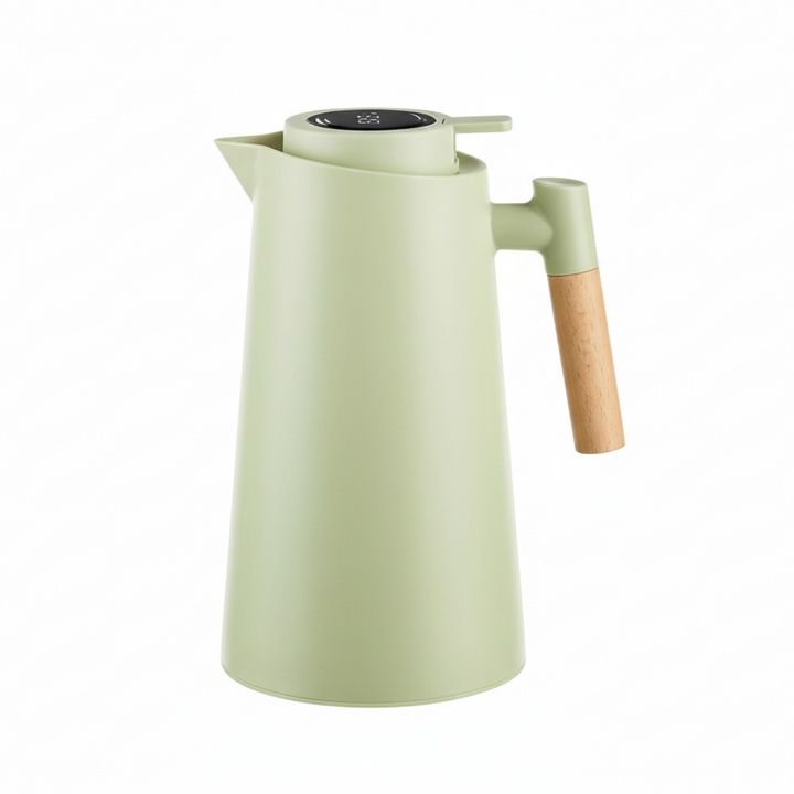 Modern design stainless steel thermos with an integrated digital temperature display.