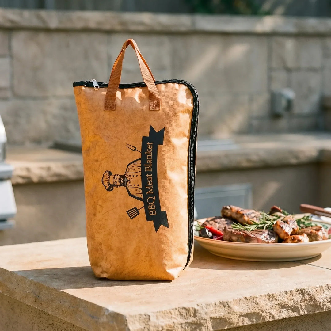 Insulated meat resting bag for BBQ roasts. Thermal carrier keeps cooked meats warm, perfect for kitchen or outdoor cooking.