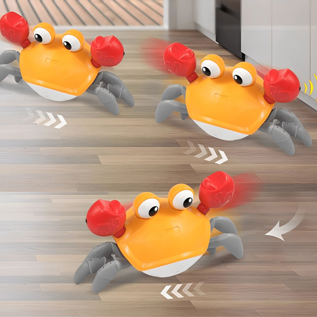 Detailed view of a blue & orange interactive crab plush toy, perfect for dog fetching & chewing fun.