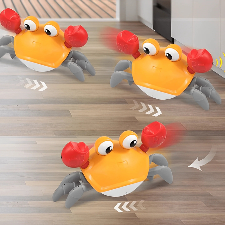 Detailed view of a blue & orange interactive crab plush toy, perfect for dog fetching & chewing fun.