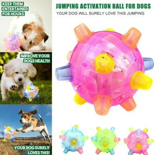 Tough rubber jumping dog toy, automatic sound & LED lights for engaging interactive pet play.