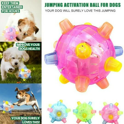 Tough rubber jumping dog toy, automatic sound & LED lights for engaging interactive pet play.