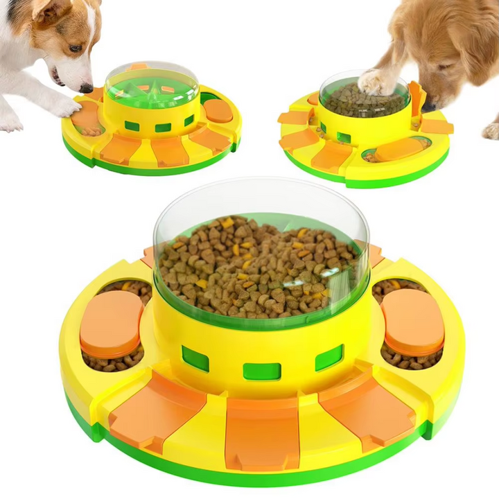 Happy dog engages with interactive puzzle feeder for mental stimulation and treat rewards.
