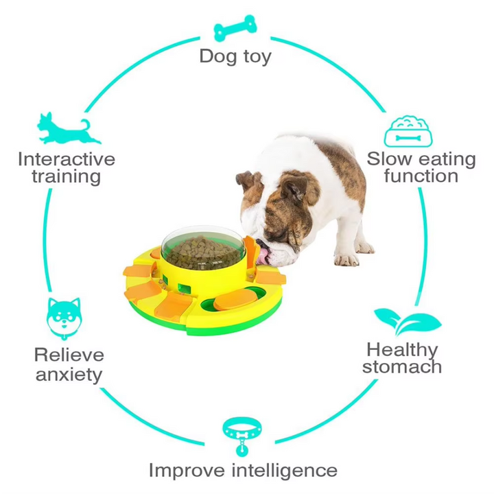 Mental stimulation dog puzzle feeder, a slow eating treat dispenser for canine enrichment.