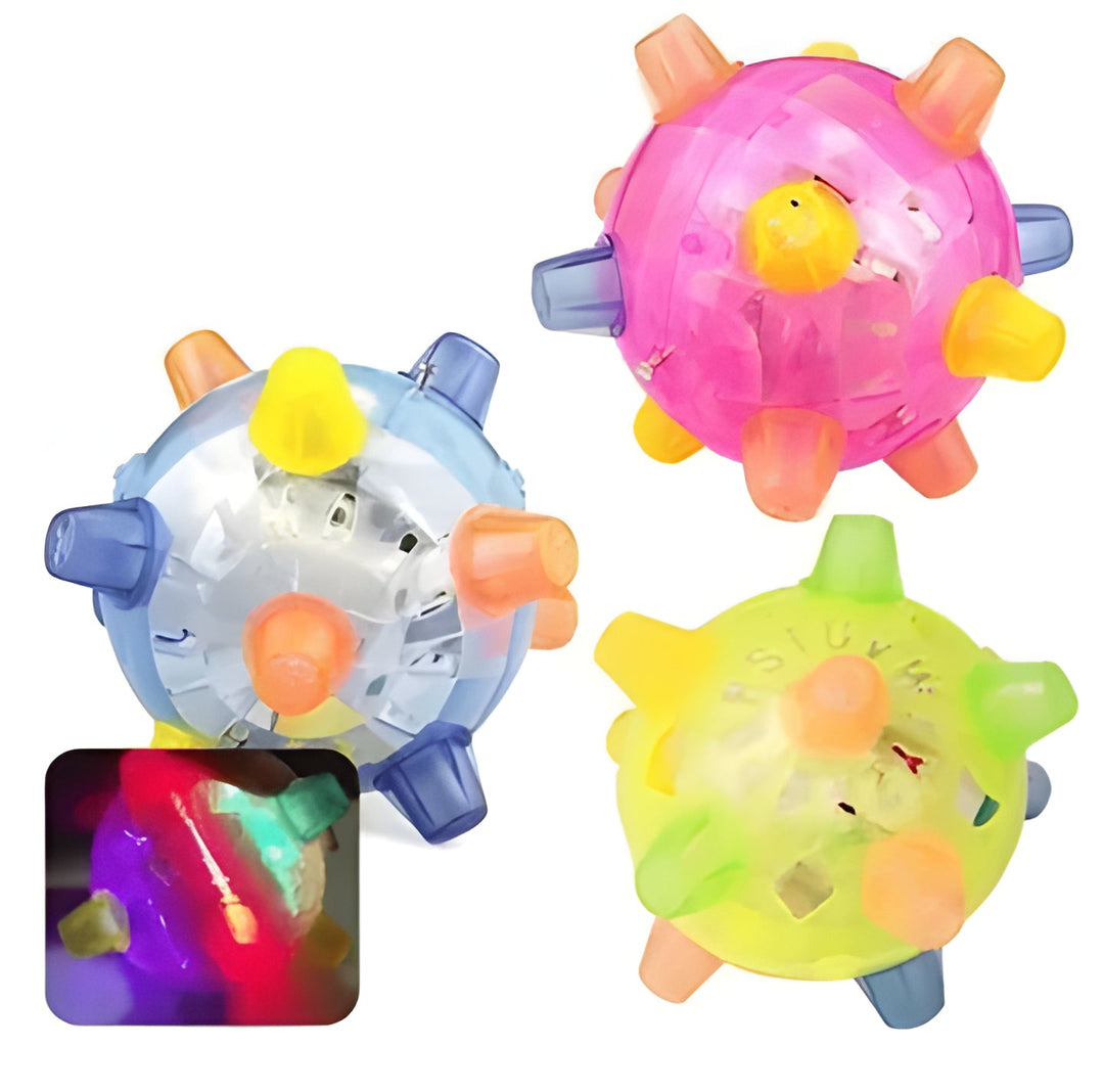 Dogs' interactive bouncing LED ball toy, lights up on impact for engaging pet play & enrichment.