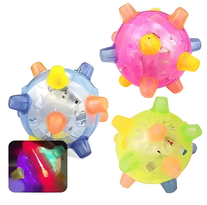 Dogs' interactive bouncing LED ball toy, lights up on impact for engaging pet play & enrichment.