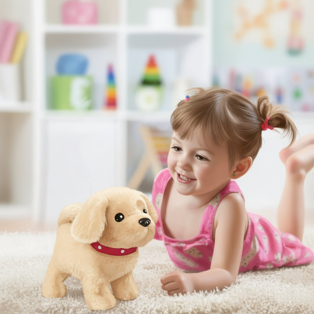 Stuffed animal plush dog with movable features, an engaging interactive toy for kids.