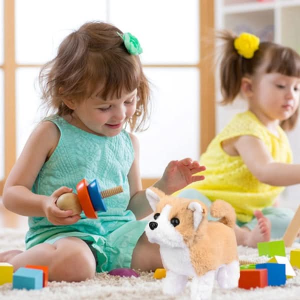 Children's interactive movable plush dog, ideal soft toy for creative playtime.