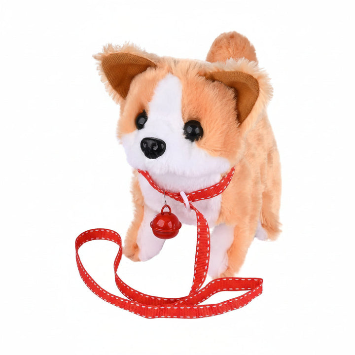 Imaginative play with a movable plush dog toy, an interactive puppy for children.
