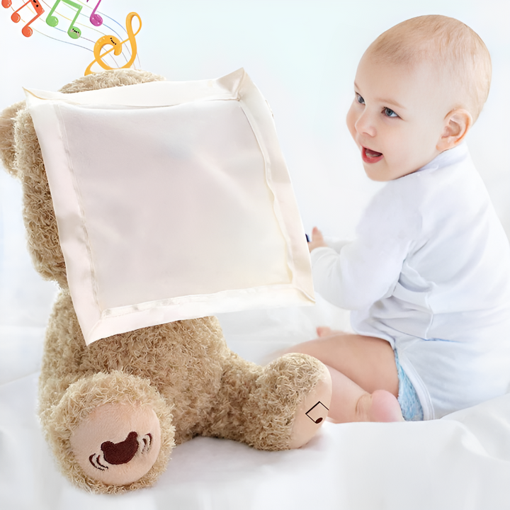 Interactive peek-a-boo plush bear toy for babies & toddlers. Soft, cuddly stuffed animal, great developmental gift.