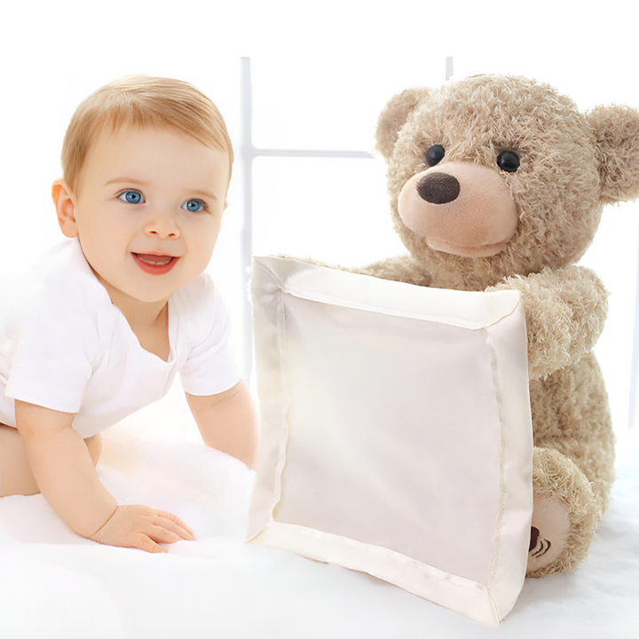 Soft, child-safe interactive peek-a-boo plush bear, a cuddly stuffed animal for baby and toddler playtime fun.