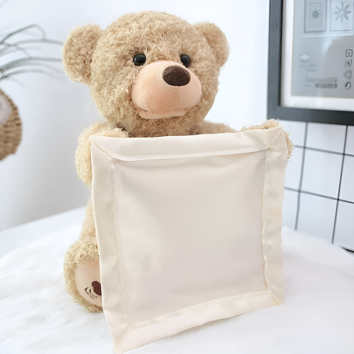 Cuddly interactive plush peek-a-boo bear toy; a fun, safe developmental stuffed animal & gift for toddlers & babies.