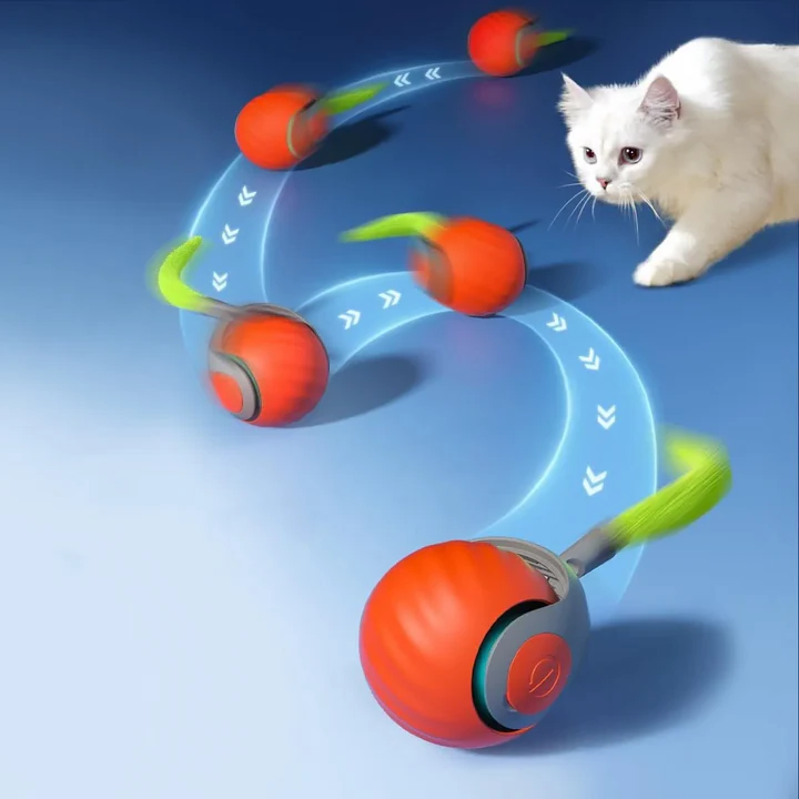 Automatic rolling cat toy ball, rechargeable for endless indoor cat fun.