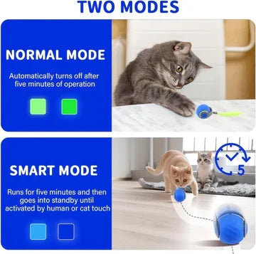 Cat pouncing on a vibrant, automatic, rechargeable cat toy ball for engaging play.
