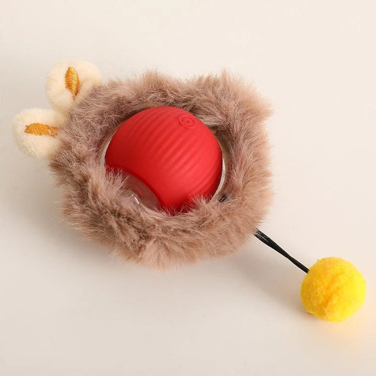 Fun interactive rolling ball dog toy with a tail, promoting active play, exercise, and dog enrichment.