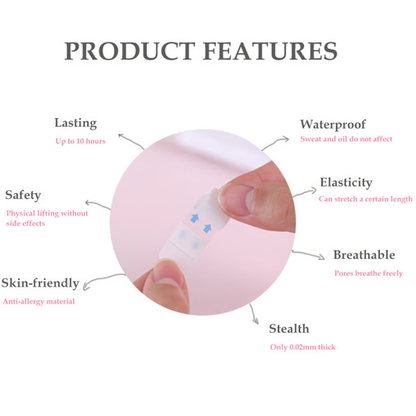 Clear cosmetic face tape providing an instant lift, firming loose skin & diminishing the appearance of a double chin.