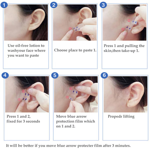 Close-up of invisible face lifter tape enhancing cheekbones and smoothing fine lines for a youthful complexion.