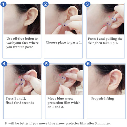 Close-up of invisible face lifter tape enhancing cheekbones and smoothing fine lines for a youthful complexion.