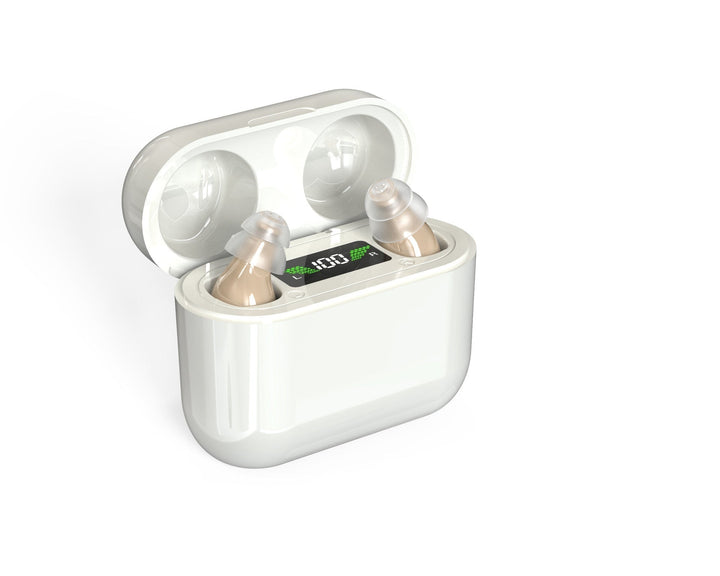 Unisex invisible in-ear hearing amplifier with clear digital display. Rechargeable discreet personal sound aid.