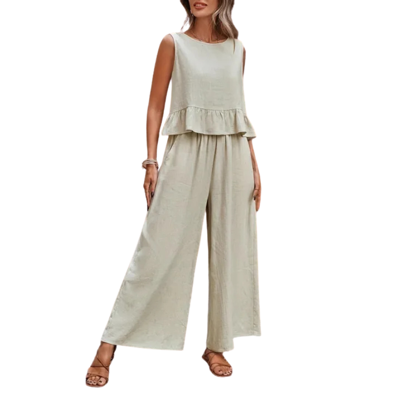 Isla Women's Ruffle Tank Top & Wide Leg Pants Two-Piece Set, a chic and comfortable summer lounge outfit.