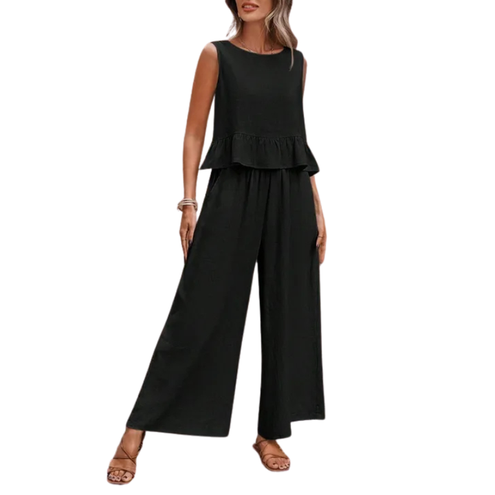Versatile Isla Women's Ruffle Tank Top with matching Wide Leg Pants for a coordinated casual summer look.