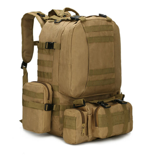 Isolated 60L military tactical backpack in olive, side view, showing MOLLE straps & detachable bags