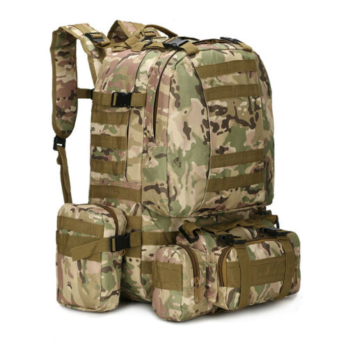 Collection of detachable MOLLE pouches from a 60L tactical backpack, highlighting versatility