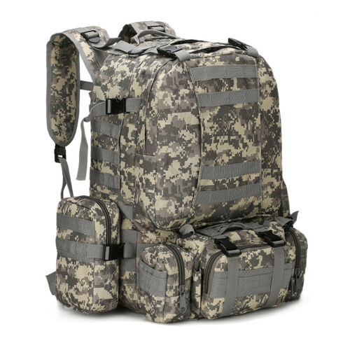 Large capacity 60L tactical daypack in grey, showcasing its rugged construction and utility for travel