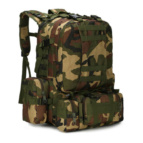 Back view of a 60-liter military backpack with adjustable sternum and waist straps for secure fit