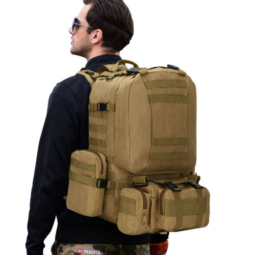 Close-up of a sturdy 60L military backpack's MOLLE system & durable zippers, ideal for camping