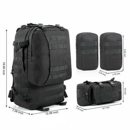 Person wearing a large 60L military-style backpack, suitable for travel and outdoor adventures