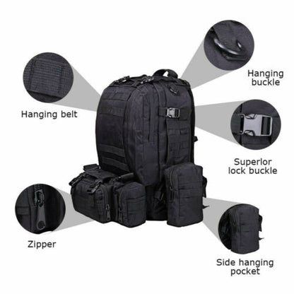 Top view of a spacious 60L tactical travel backpack, unzipped, showing interior storage space