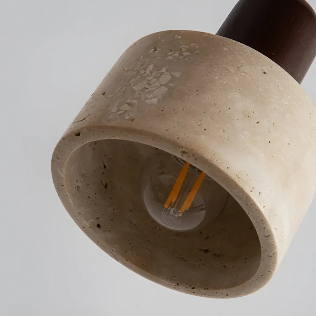 Japanese Wabi-Sabi ceiling lamp, TranquilGlow. Natural wood & travertine for serene interior lighting and modern home decor.